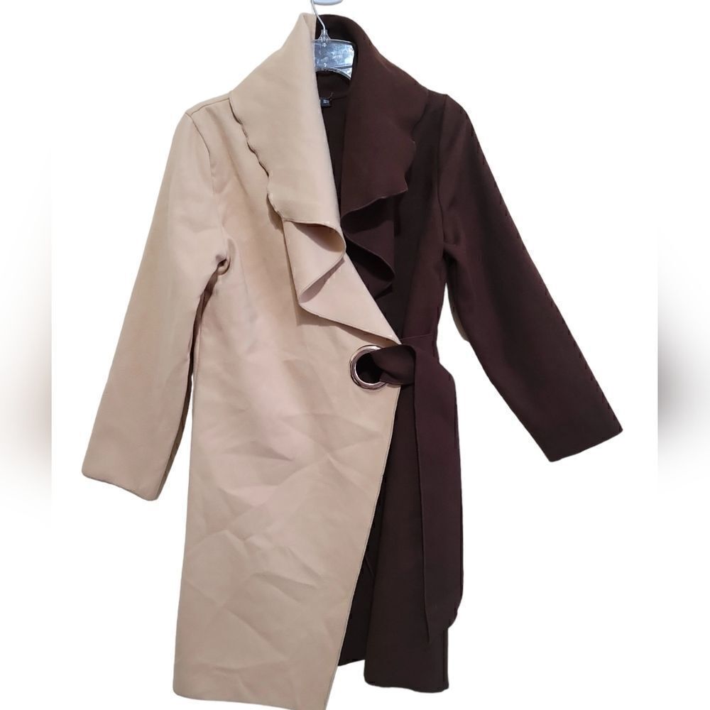 Shein Women's Brown and Tan Two Tone Belted Coat Sz Small - Picture 5 of 10